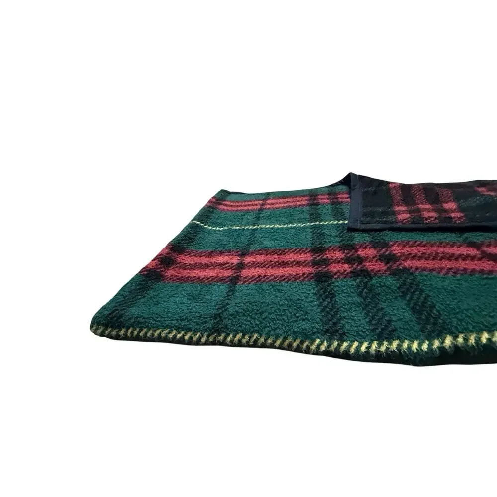 Vintage Reversible Plaid Throw Blanket Green Black Red Quilt Tartan Print Fleece
